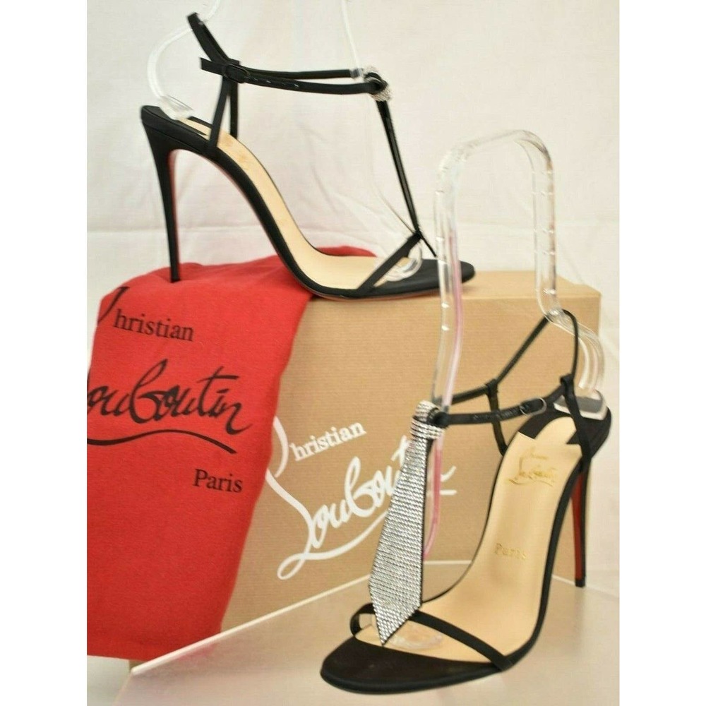 NIB LOUBOUTIN T CAB 100 BLACK CREPE SATIN JEWELED TIE ANKLE STRAP PUMPS 40.5 - Picture 9 of 12